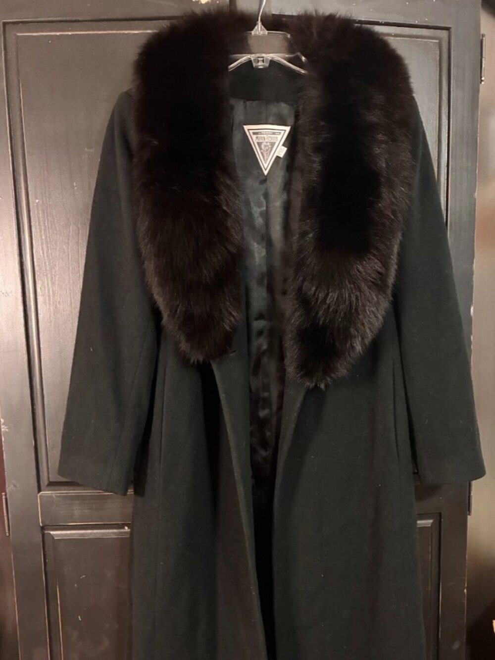 Vintage Marvin Richards 100% Lambswool Long Coat Size 8 Fur Collar Black Lined